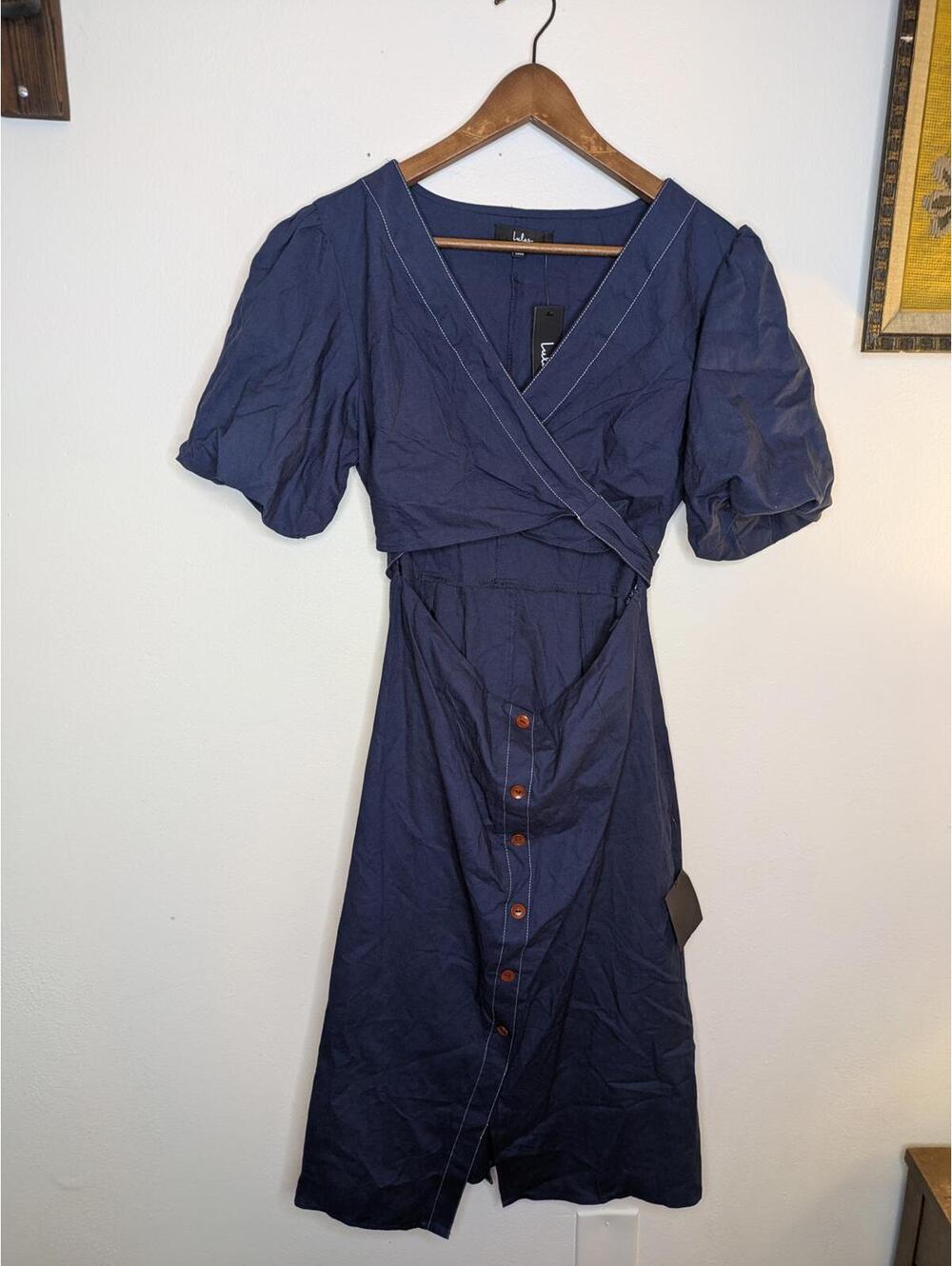Lulus Women's Navy Blue Midi Dress Size XL Linen Blend Cutout Puff Sleeve NWT